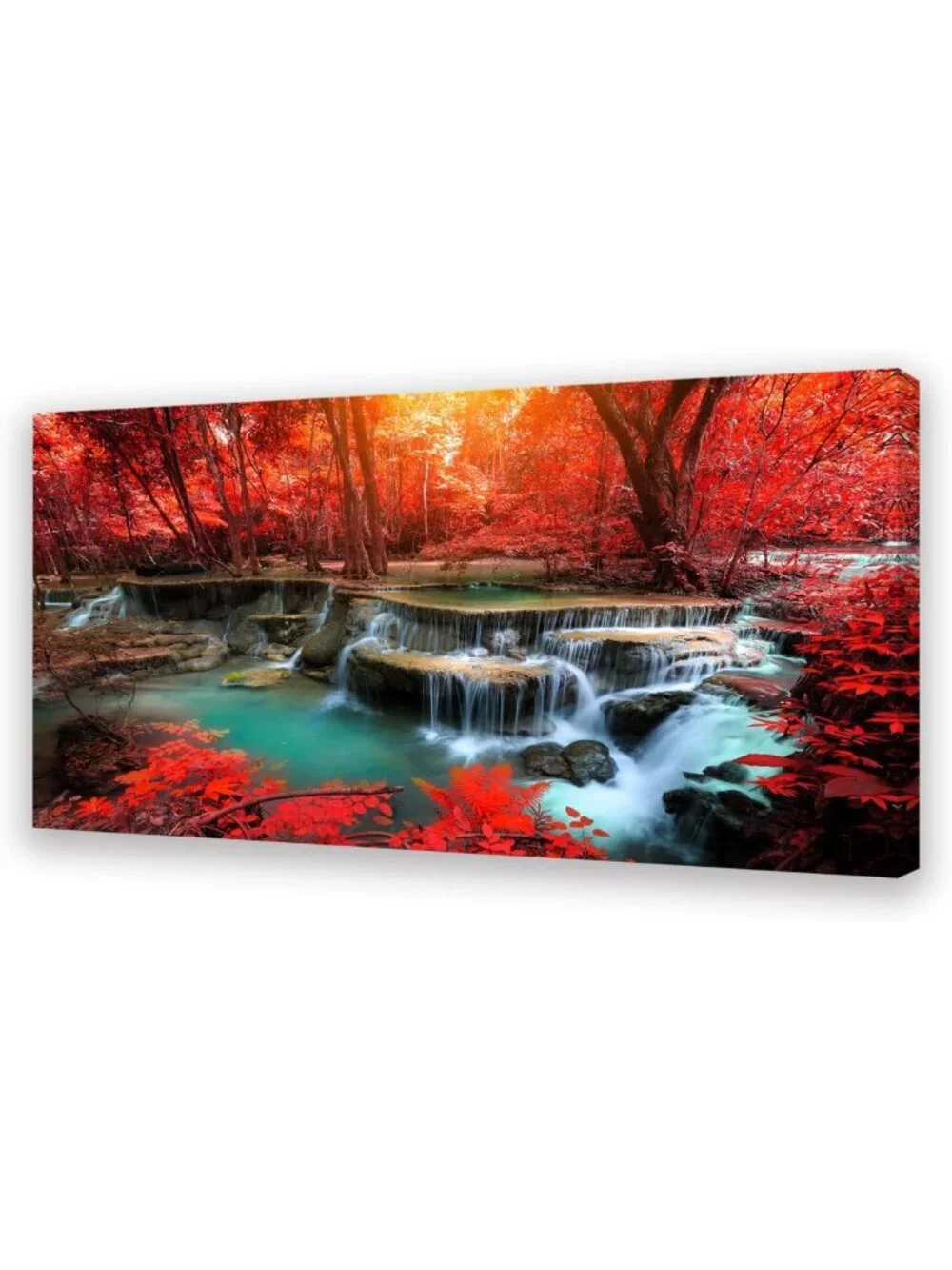 Stunning Red Forest Waterfall Canvas Art - Modern Landscape Wall Decor for Home